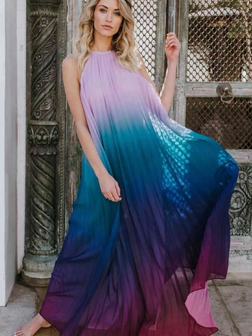 Boho Ombre Halter Maxi Dress - Lavender to Teal